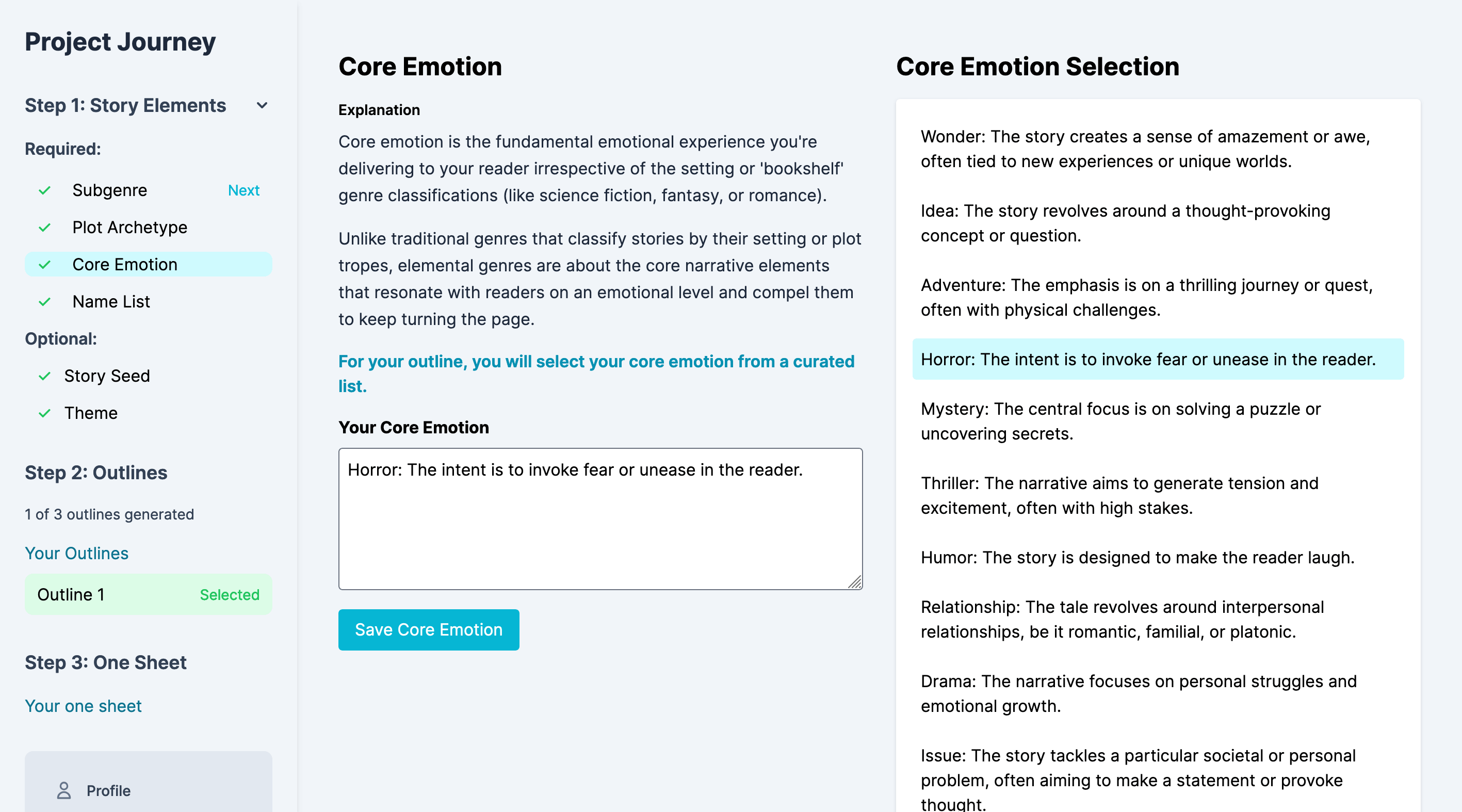 Story element selection interface